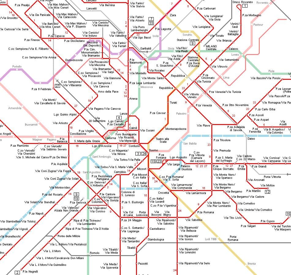 карта на метрото на Милано, Италия